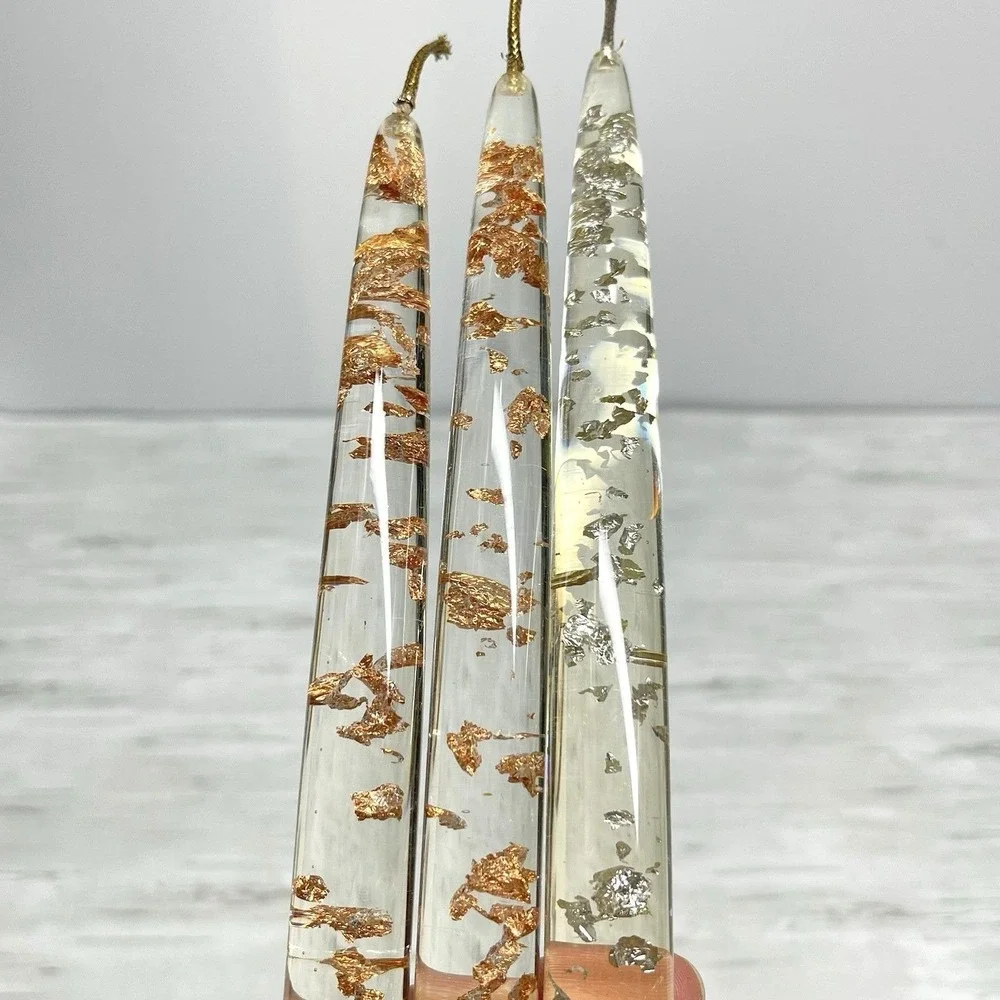 Set Of 3 Vintage Mid Century Lucite Taper Candles Metallic Copper Silver Flakes - Picture 8 of 9